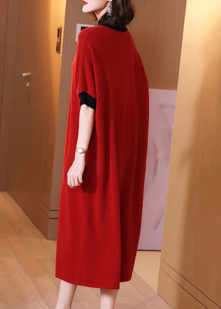 Loose Red Turtleneck Patchwork Cotton Knit Dress Short Sleeve - Image 5