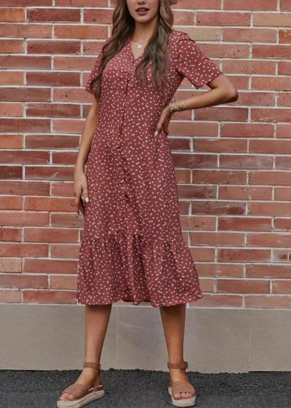 Loose Red V Neck Dot Cotton Long Dress Summer - Image 2
