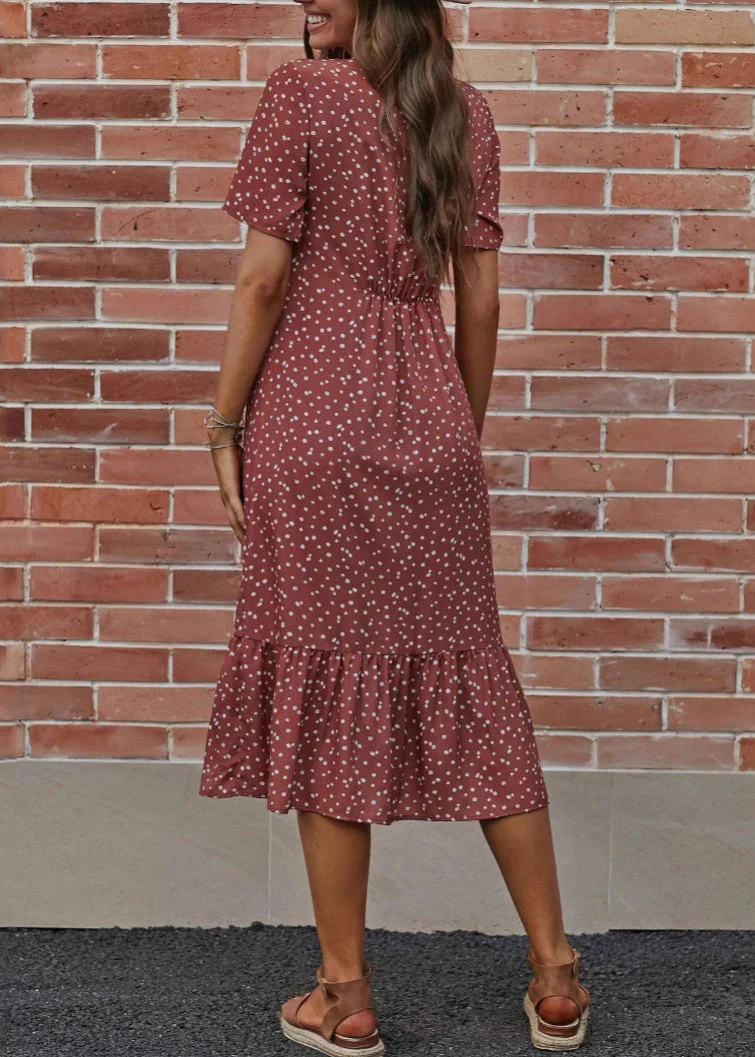 Loose Red V Neck Dot Cotton Long Dress Summer - Image 3