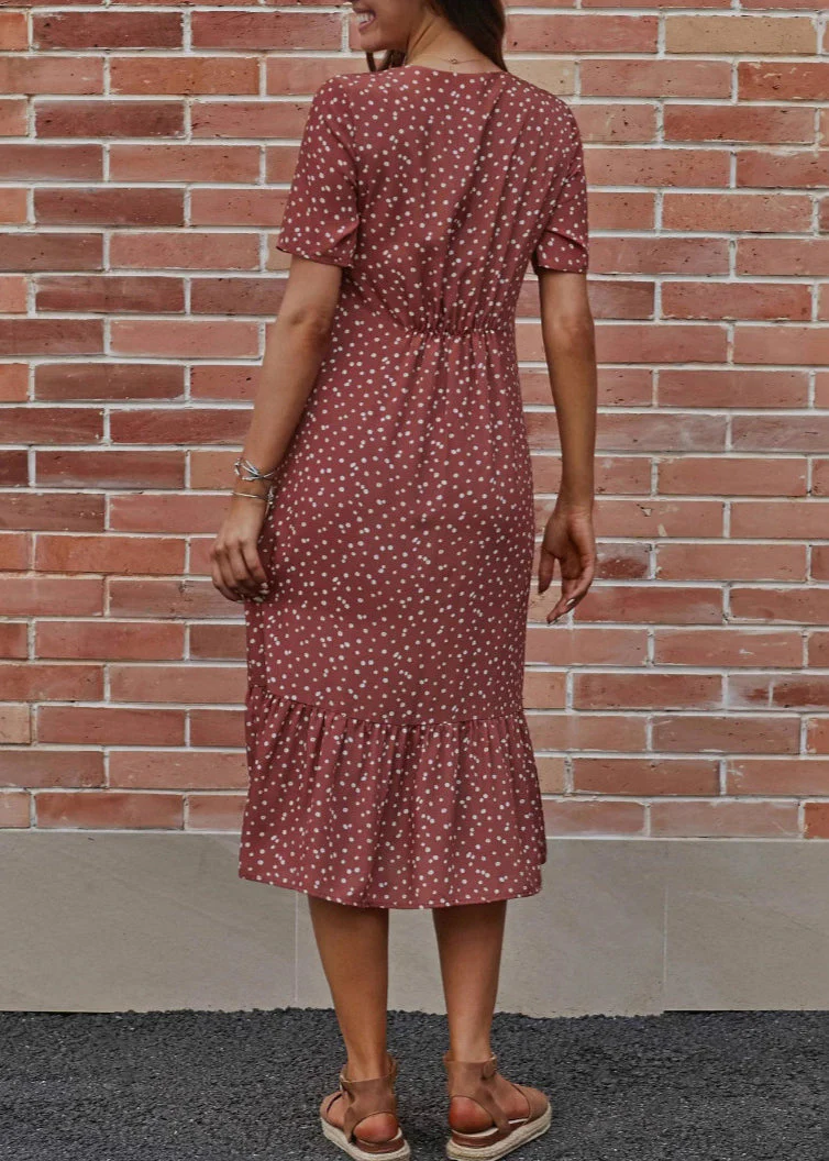 Loose Red V Neck Dot Cotton Long Dress Summer - Image 4