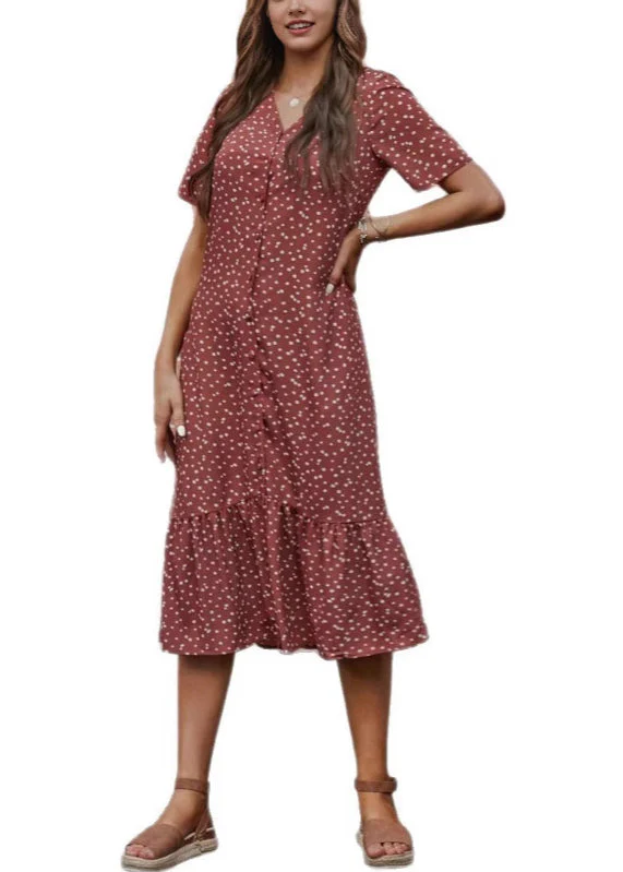 Loose Red V Neck Dot Cotton Long Dress Summer - Image 5