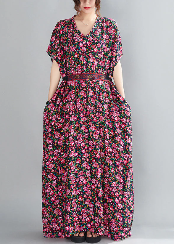 Loose Red V Neck Print Cotton Maxi Dresses Short Sleeve - Image 2