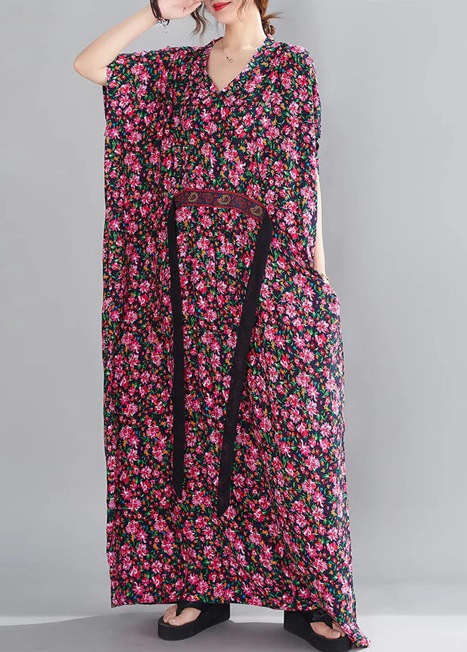 Loose Red V Neck Print Cotton Maxi Dresses Short Sleeve - Image 3