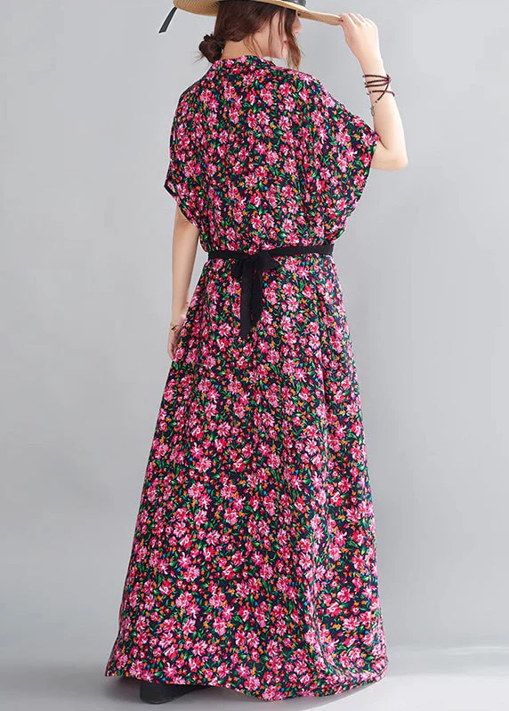 Loose Red V Neck Print Cotton Maxi Dresses Short Sleeve - Image 4