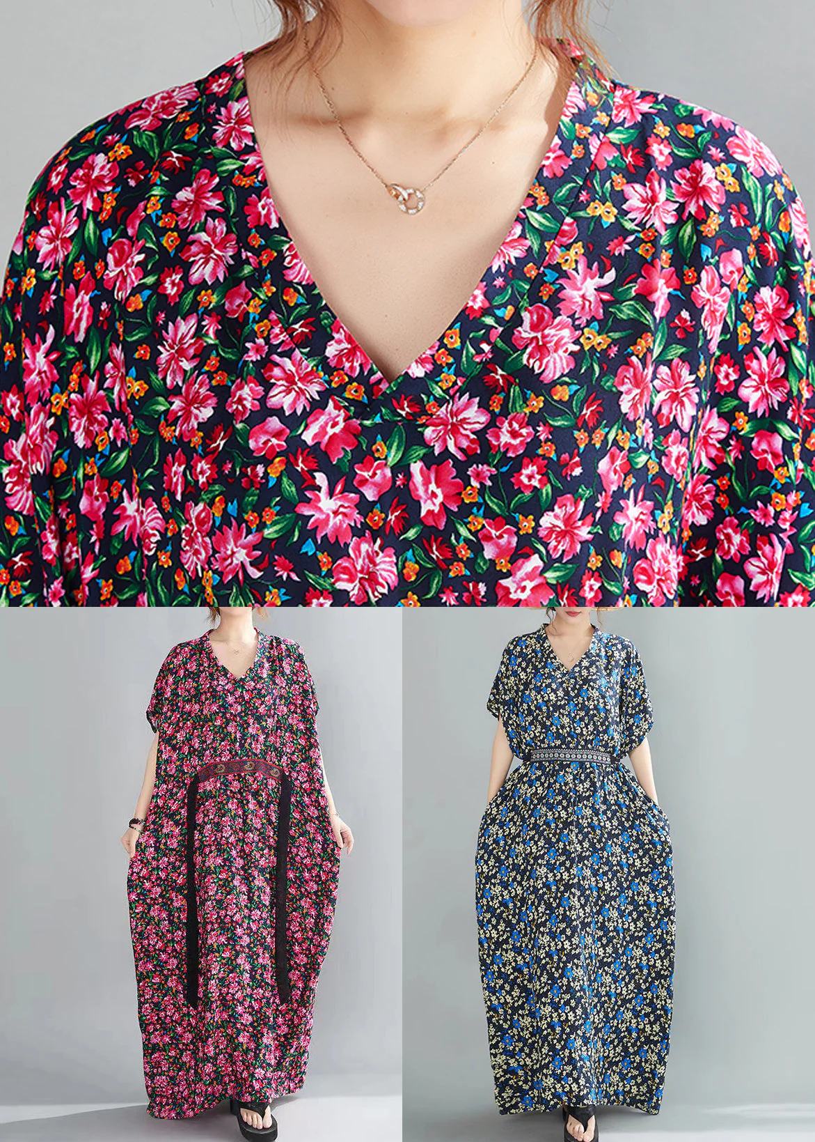 Loose Red V Neck Print Cotton Maxi Dresses Short Sleeve - Image 5