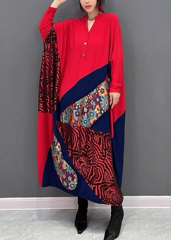 Loose Red V Neck Print Patchwork Button Maxi Dresses Fall - Image 4