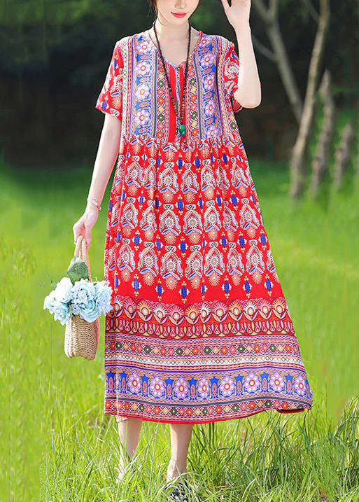 Loose Red V Neck Print Pockets Cotton Pajamas Dresses Summer - Image 2