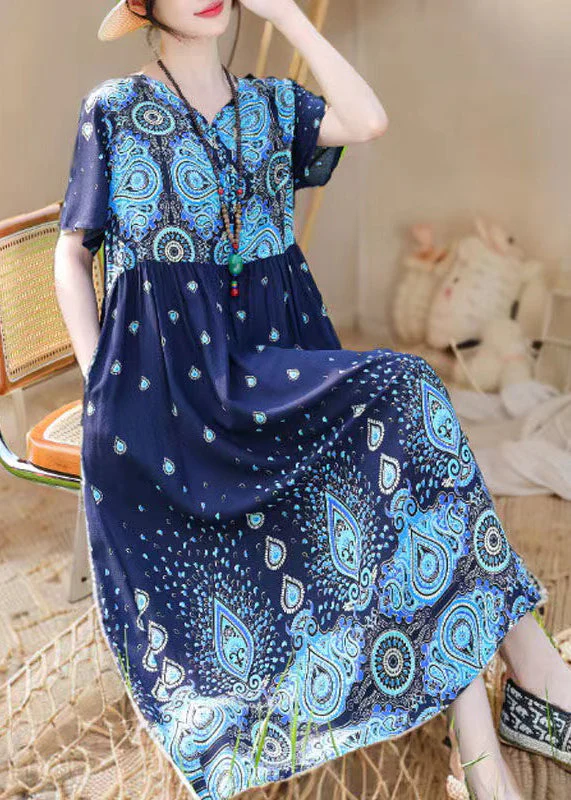 Loose Red V Neck Print Pockets Cotton Pajamas Dresses Summer - Image 3