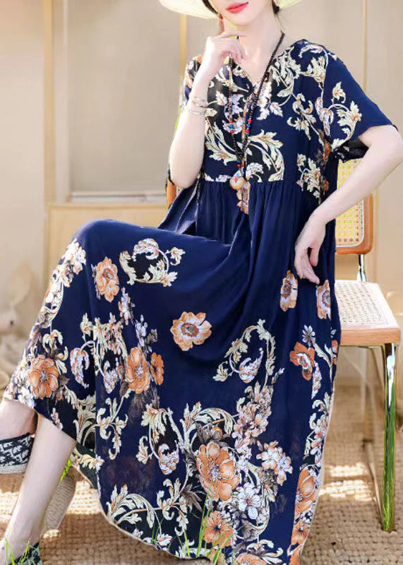 Loose Red V Neck Print Pockets Cotton Pajamas Dresses Summer - Image 4