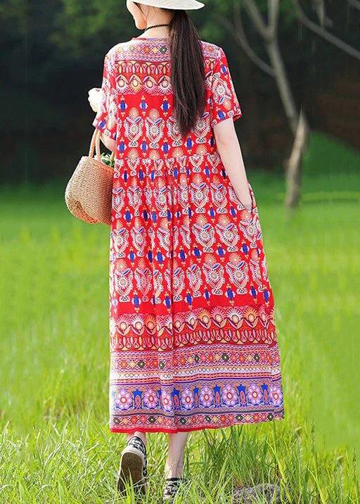 Loose Red V Neck Print Pockets Cotton Pajamas Dresses Summer - Image 5