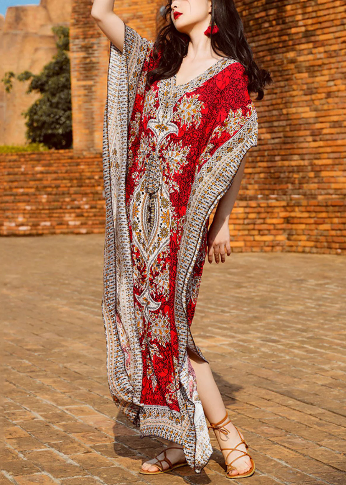 Loose Red V Neck Print Side Open Patchwork Chiffon Long Dresses Summer - Image 2