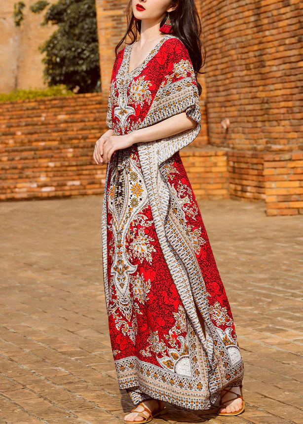 Loose Red V Neck Print Side Open Patchwork Chiffon Long Dresses Summer - Image 3