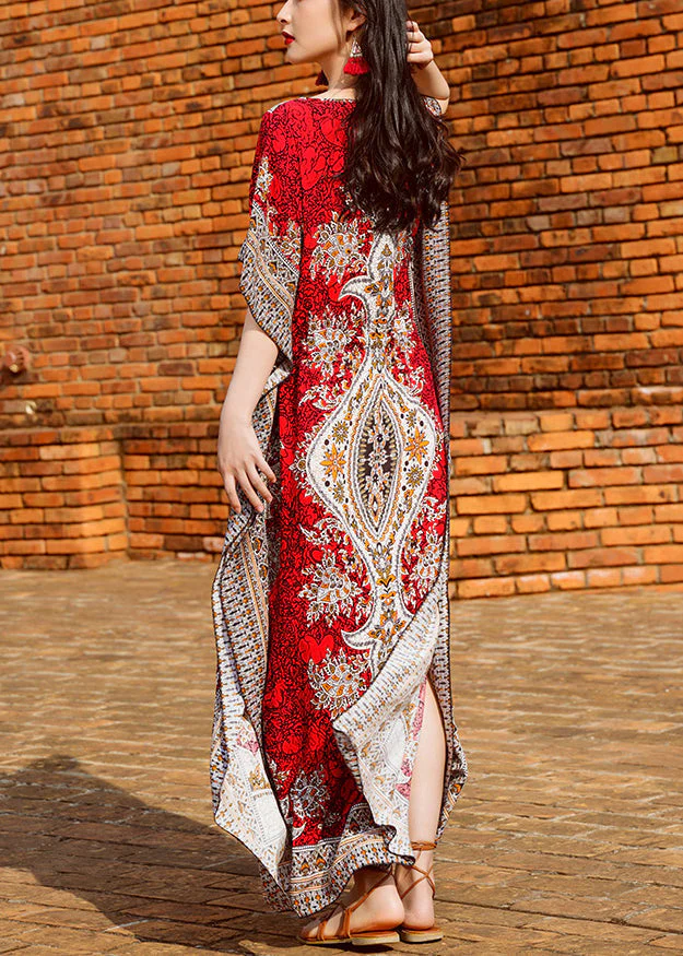 Loose Red V Neck Print Side Open Patchwork Chiffon Long Dresses Summer - Image 4