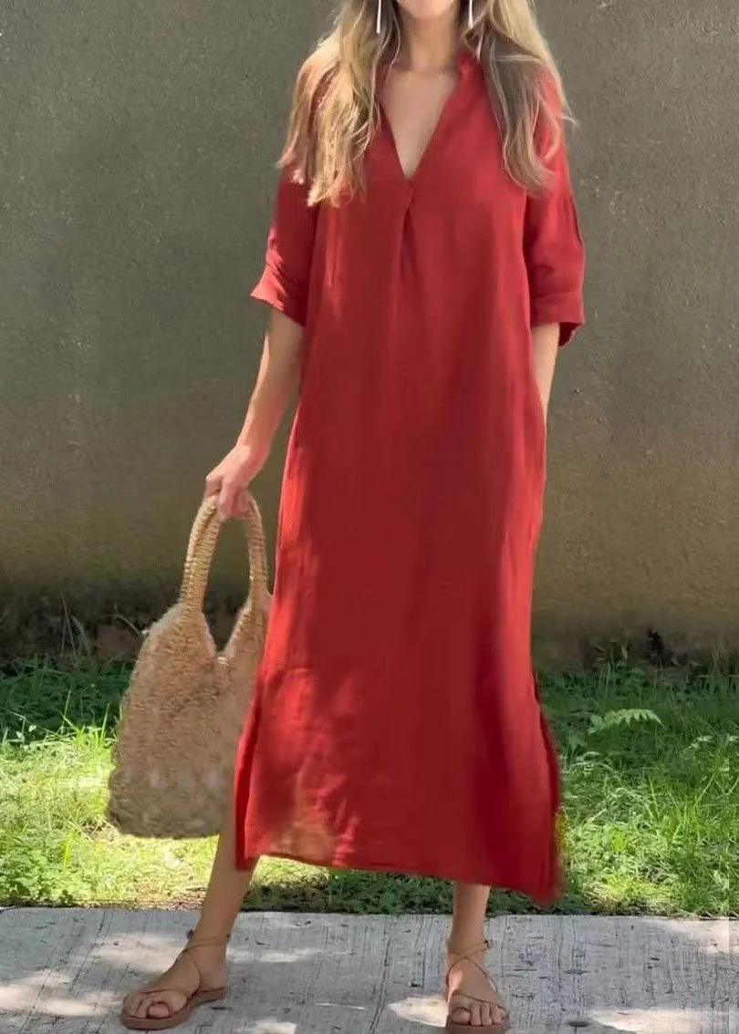 Loose Red V Neck Side Open Linen Holiday Dress Half Sleeve - Image 3