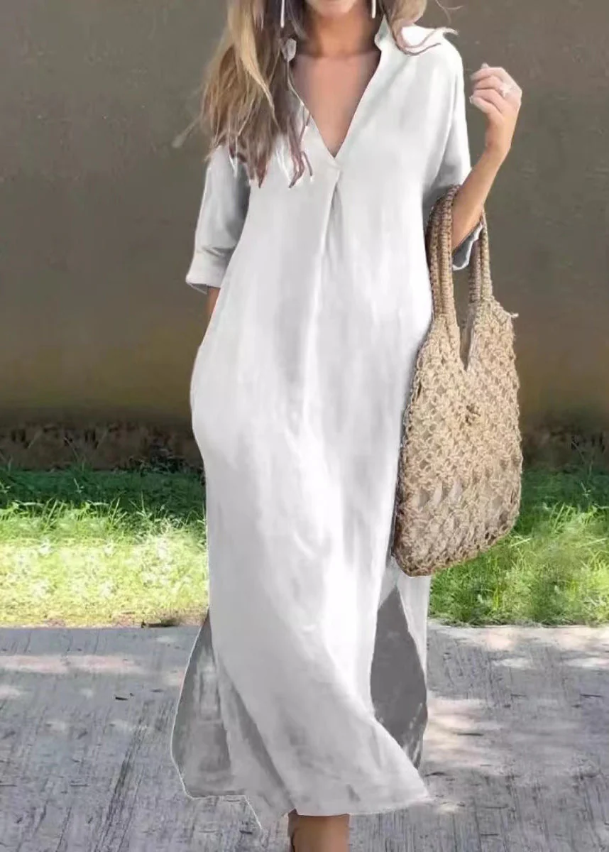 Loose Red V Neck Side Open Linen Holiday Dress Half Sleeve - Image 4