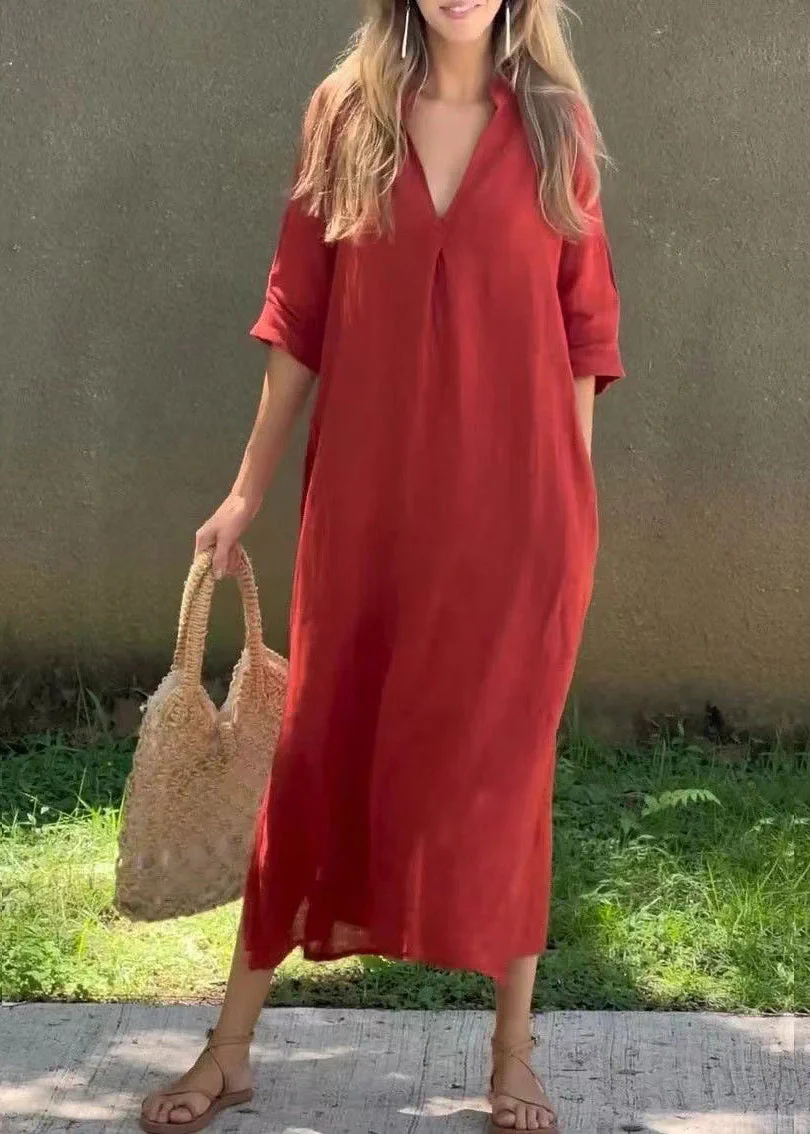 Loose Red V Neck Side Open Linen Holiday Dress Half Sleeve - Image 5