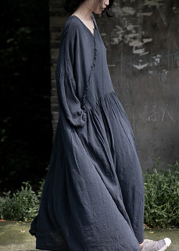 Loose Red Wrinkled Pockets Cotton Maxi Dress Long Sleeve - Image 2