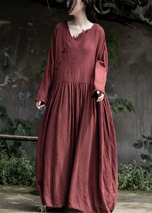 Loose Red Wrinkled Pockets Cotton Maxi Dress Long Sleeve - Image 3