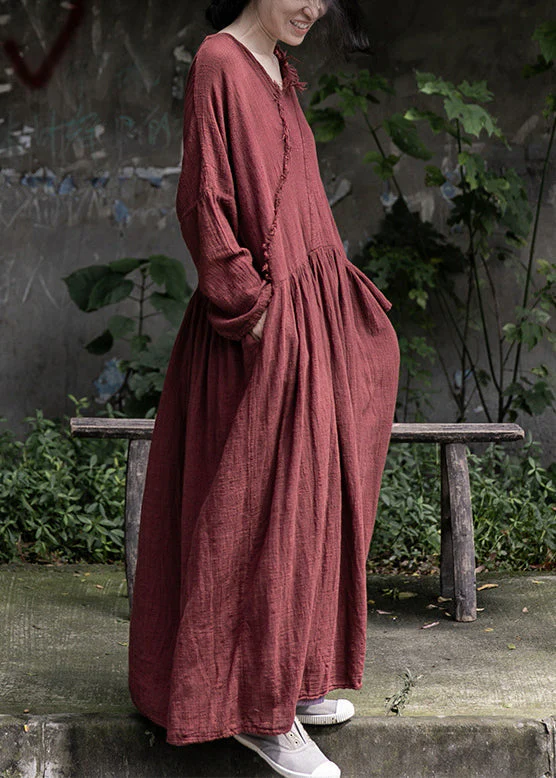 Loose Red Wrinkled Pockets Cotton Maxi Dress Long Sleeve - Image 4
