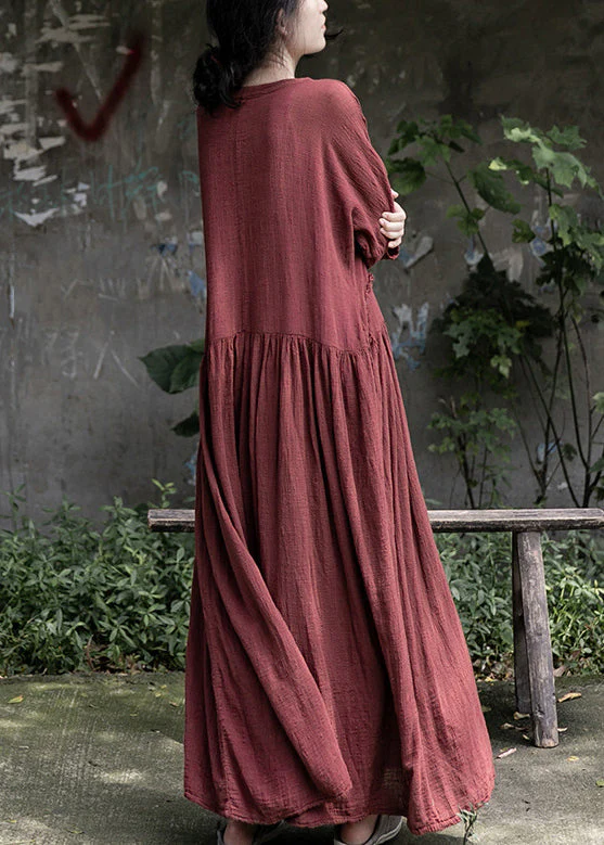 Loose Red Wrinkled Pockets Cotton Maxi Dress Long Sleeve - Image 5
