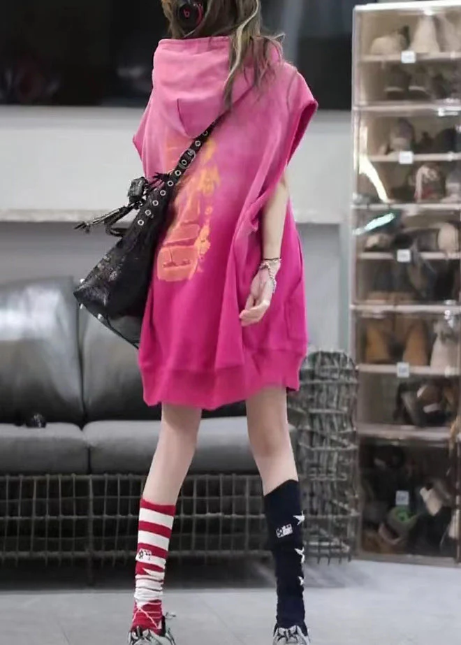 Loose Rose Hooded Print Patchwork Cotton Dresses Sleeveless - Image 5