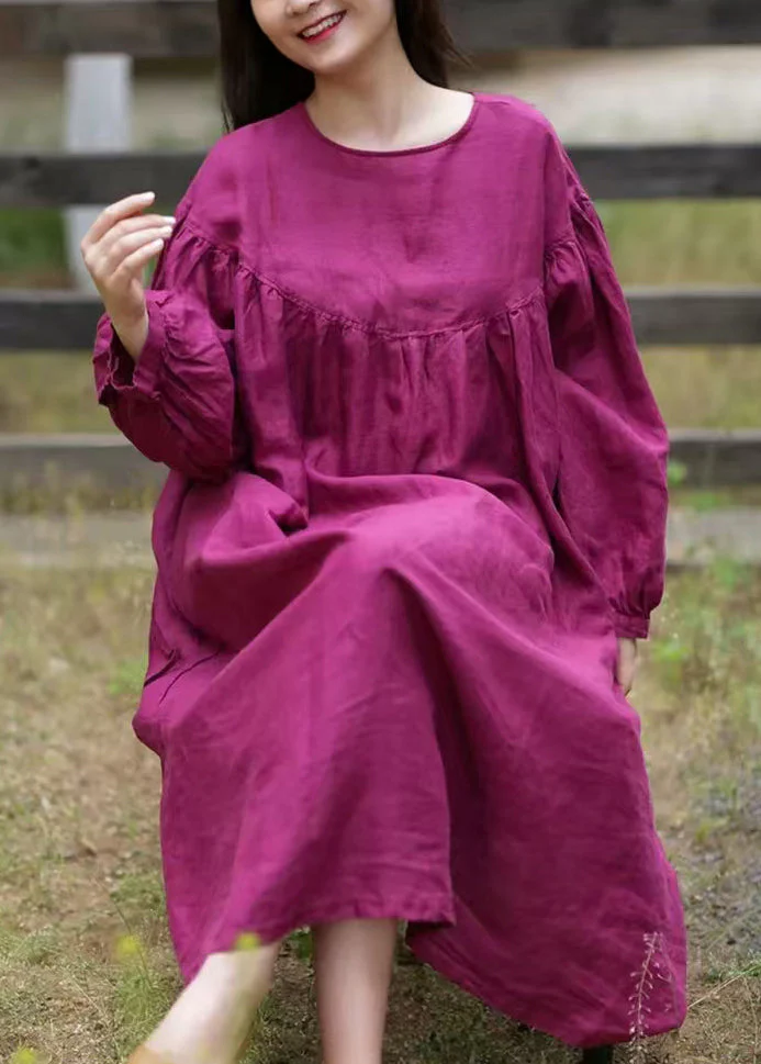 Loose Rose O Neck Button Solid Cotton Long Dress Spring - Image 3