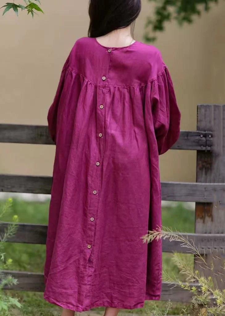 Loose Rose O Neck Button Solid Cotton Long Dress Spring - Image 4