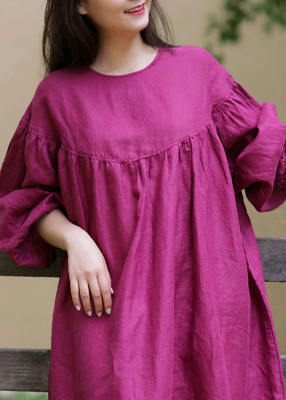 Loose Rose O Neck Button Solid Cotton Long Dress Spring - Image 5