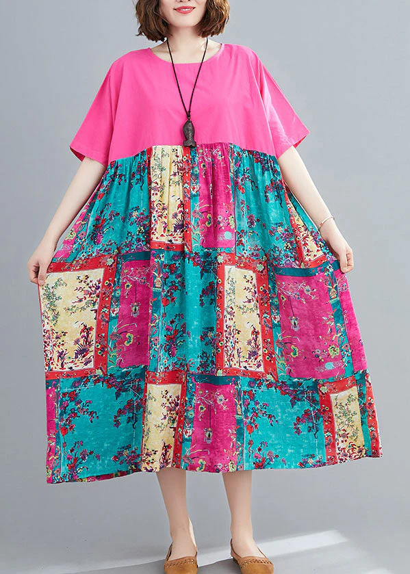 Loose Rose Oversized Patchwork Cotton Long Dresses Summer - Image 3