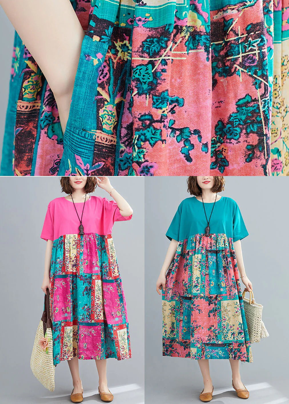 Loose Rose Oversized Patchwork Cotton Long Dresses Summer - Image 5