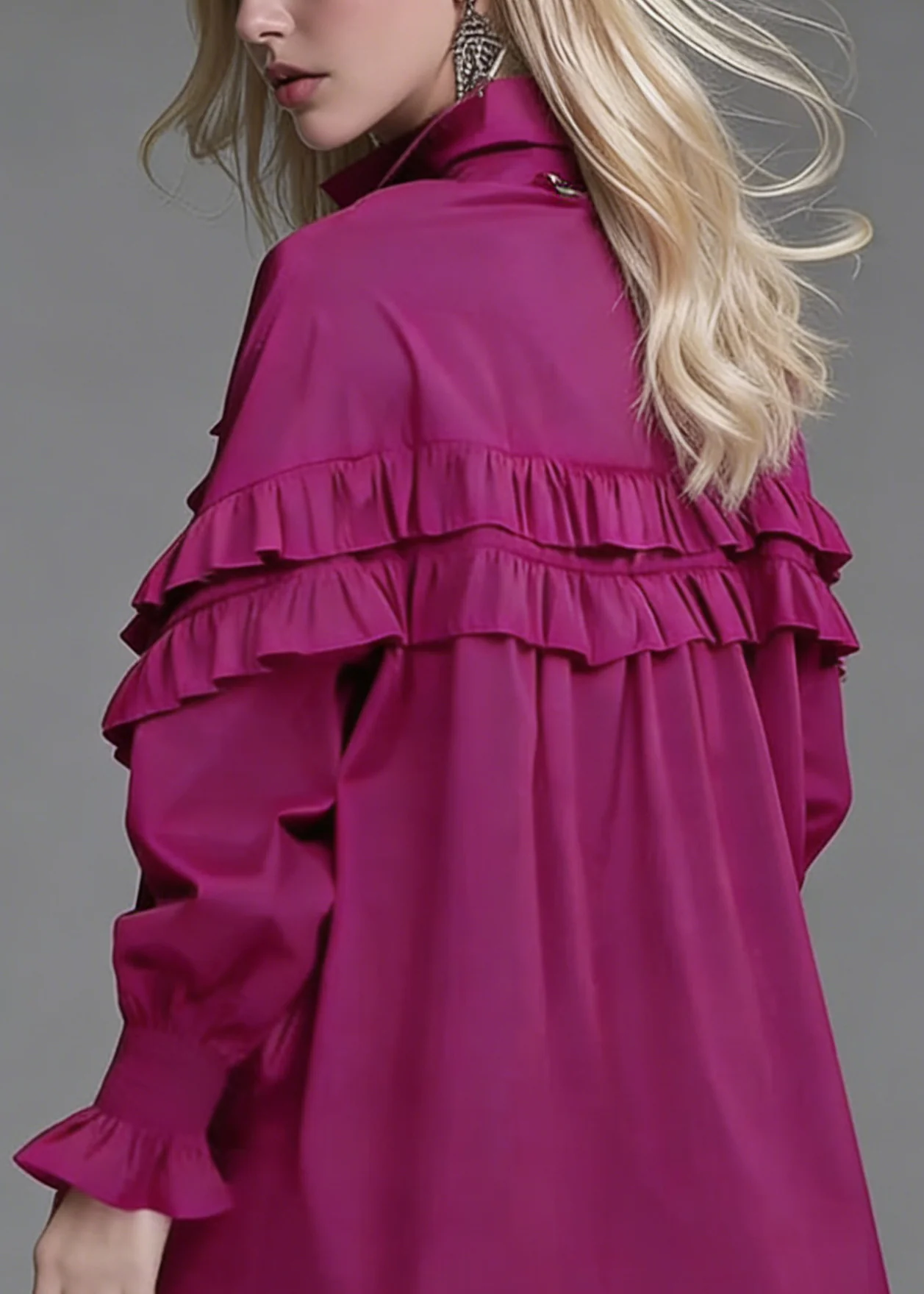 Loose Rose Ruffled Button Solid Cotton Blouse Lantern Sleeve - Image 3