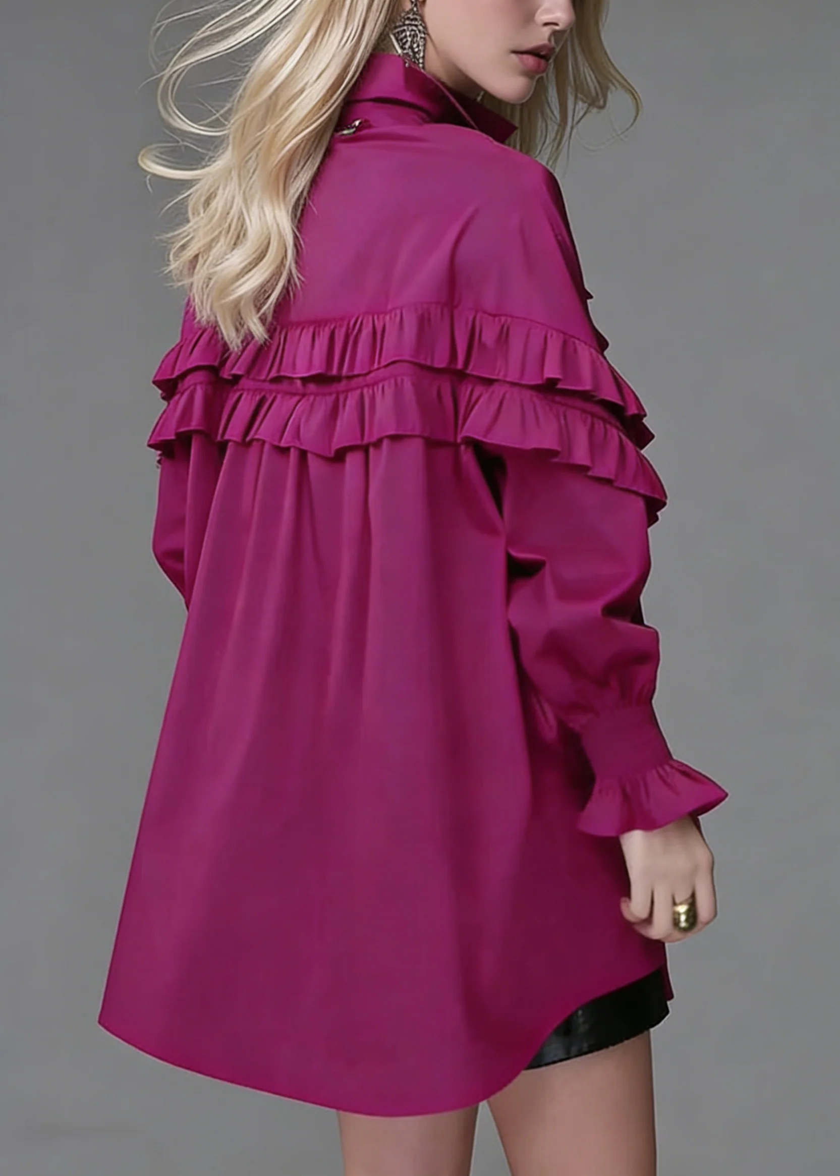 Loose Rose Ruffled Button Solid Cotton Blouse Lantern Sleeve - Image 4