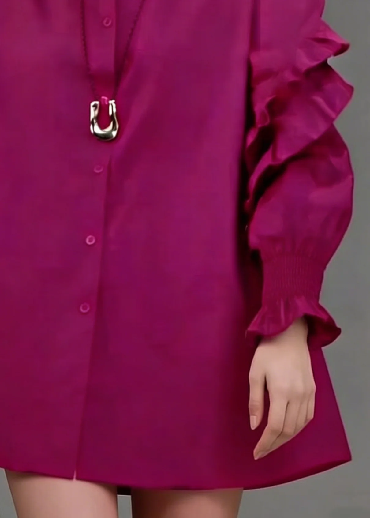 Loose Rose Ruffled Button Solid Cotton Blouse Lantern Sleeve - Image 5