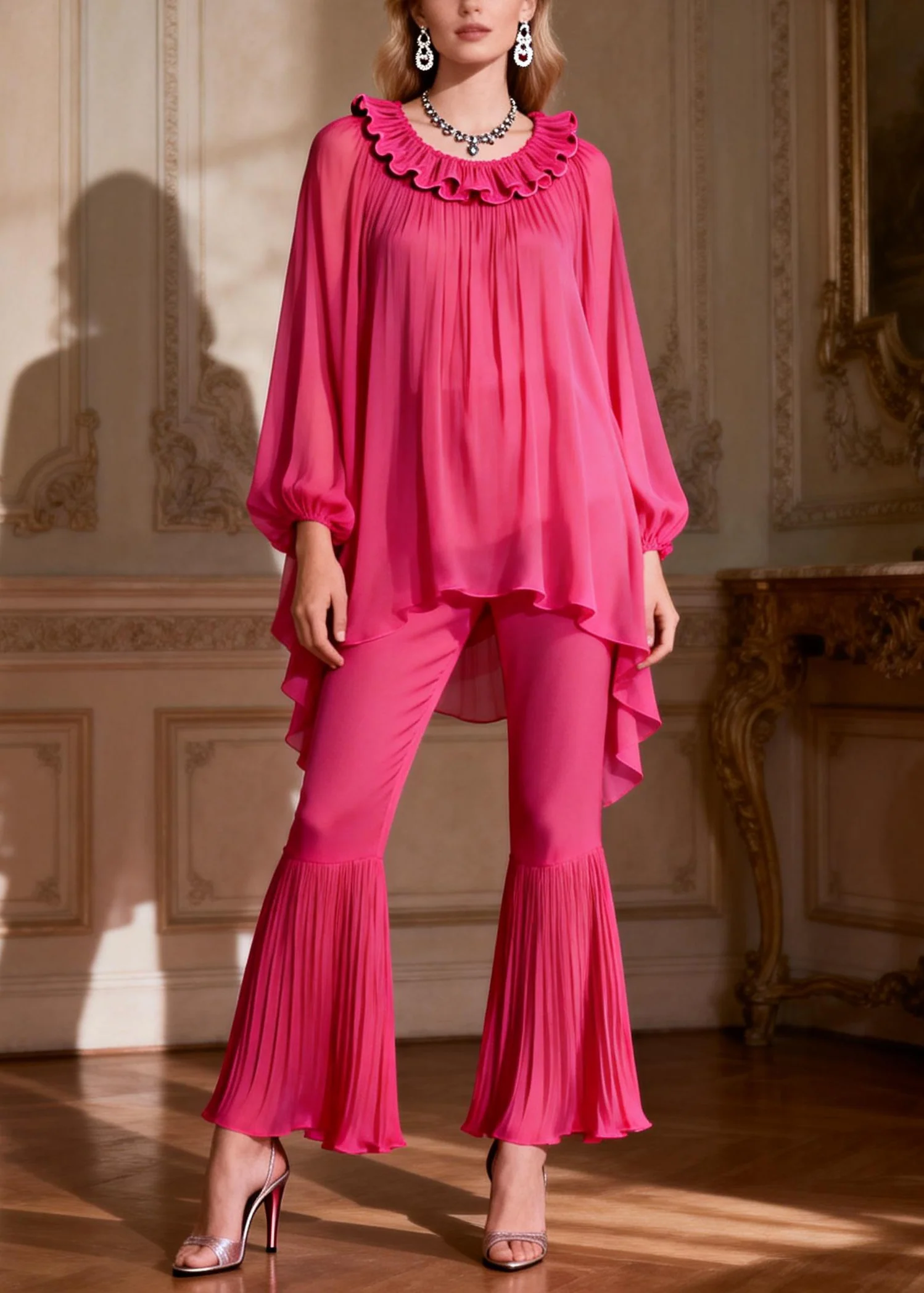 Loose Rose Ruffled Low High Design Chiffon Two Pieces Set Spring - Image 2