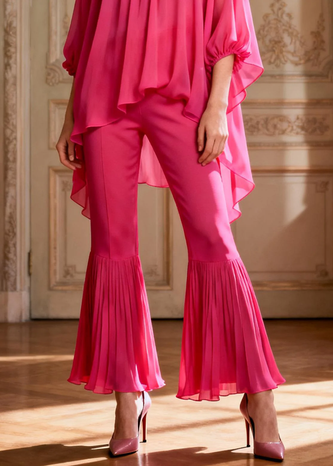 Loose Rose Ruffled Low High Design Chiffon Two Pieces Set Spring - Image 5