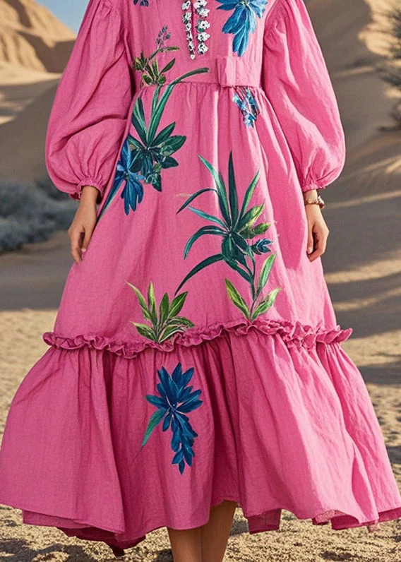 Loose Rose Ruffled Print Cotton Holiday Dress Spring - Image 4