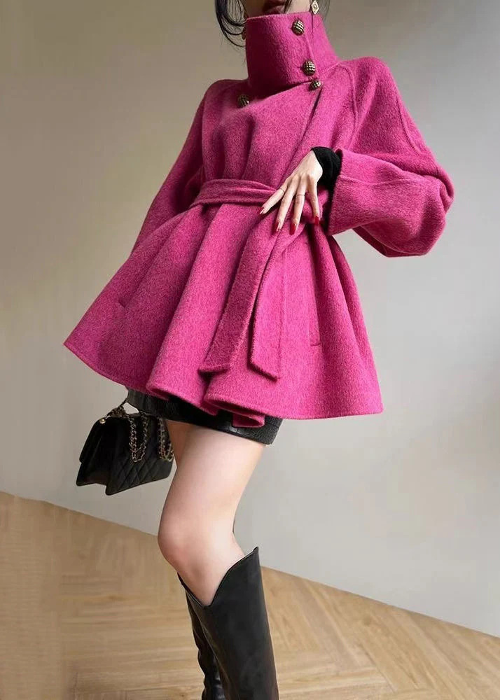 Loose Rose Stand Collar Button Tie Waist Wool Coats Winter
