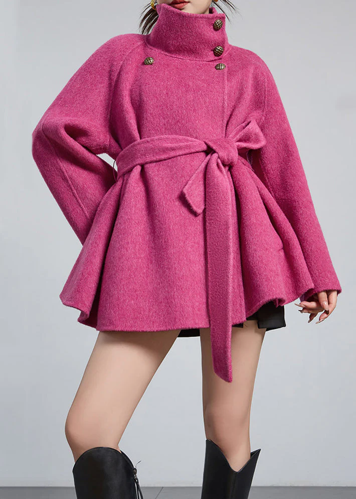 Loose Rose Stand Collar Button Tie Waist Wool Coats Winter - Image 2