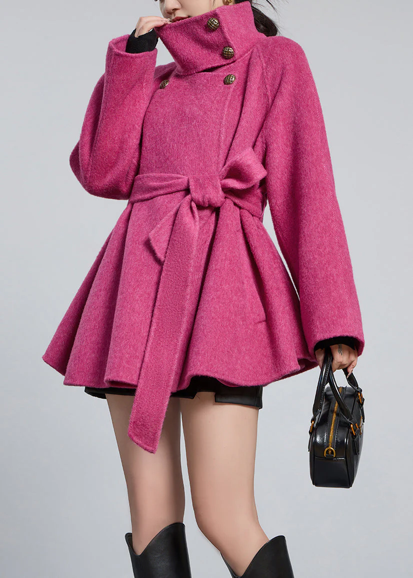 Loose Rose Stand Collar Button Tie Waist Wool Coats Winter - Image 3