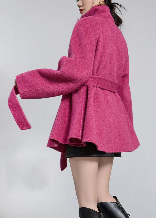 Loose Rose Stand Collar Button Tie Waist Wool Coats Winter - Image 5