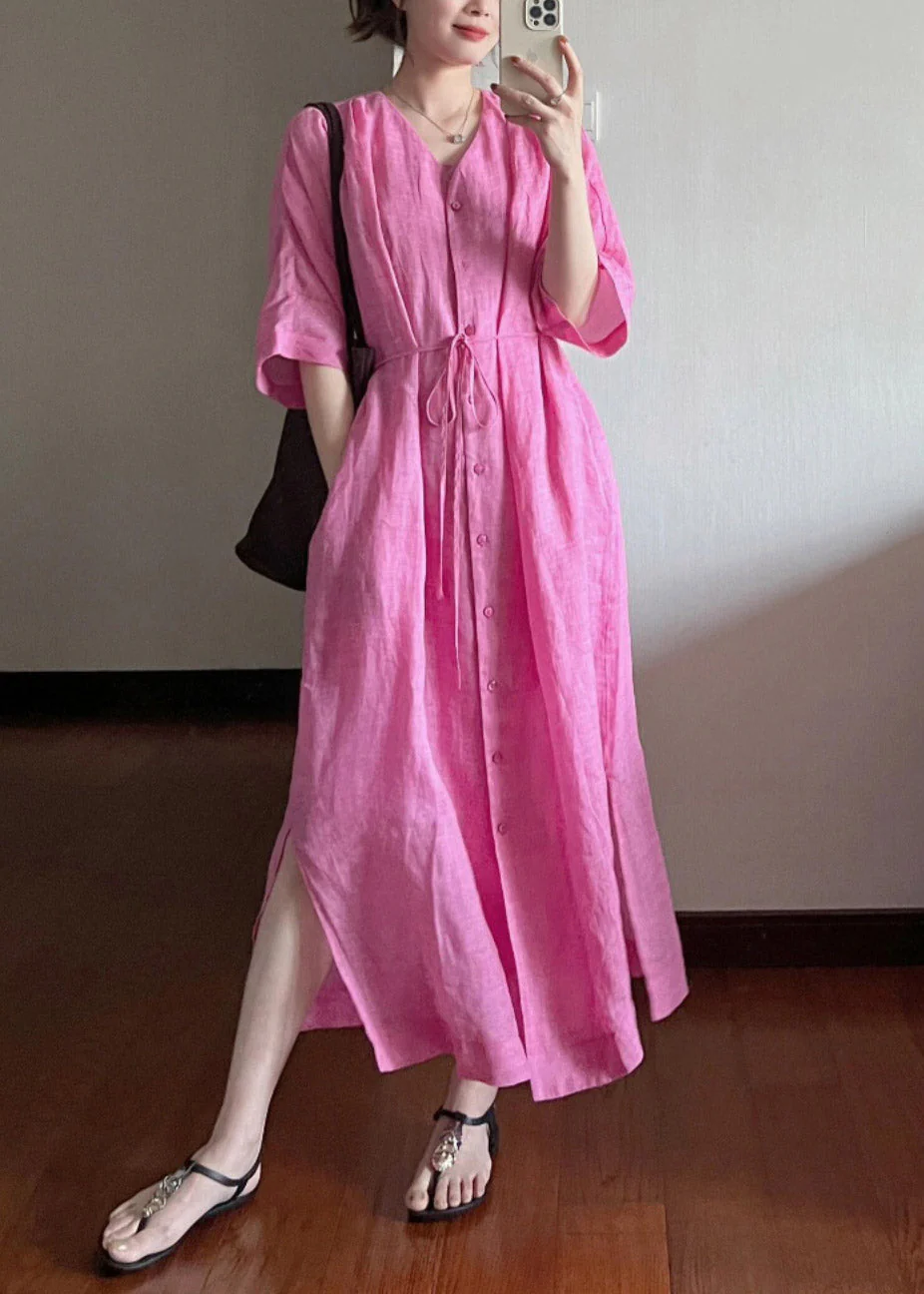 Loose Rose V Neck Button Cotton Long Dresses Summer