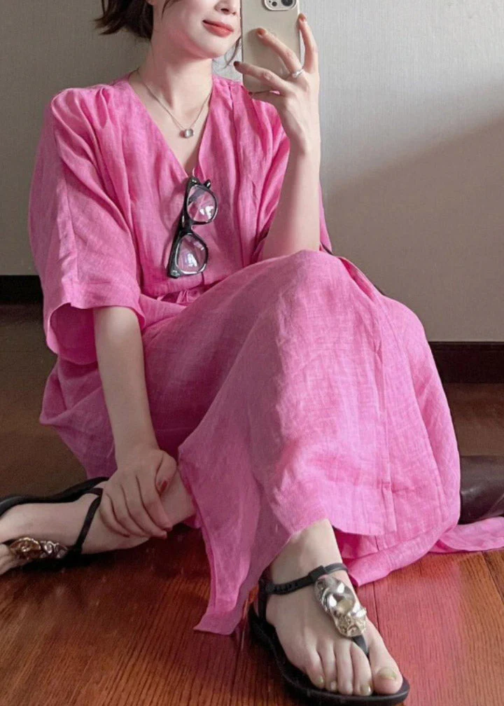 Loose Rose V Neck Button Cotton Long Dresses Summer - Image 3