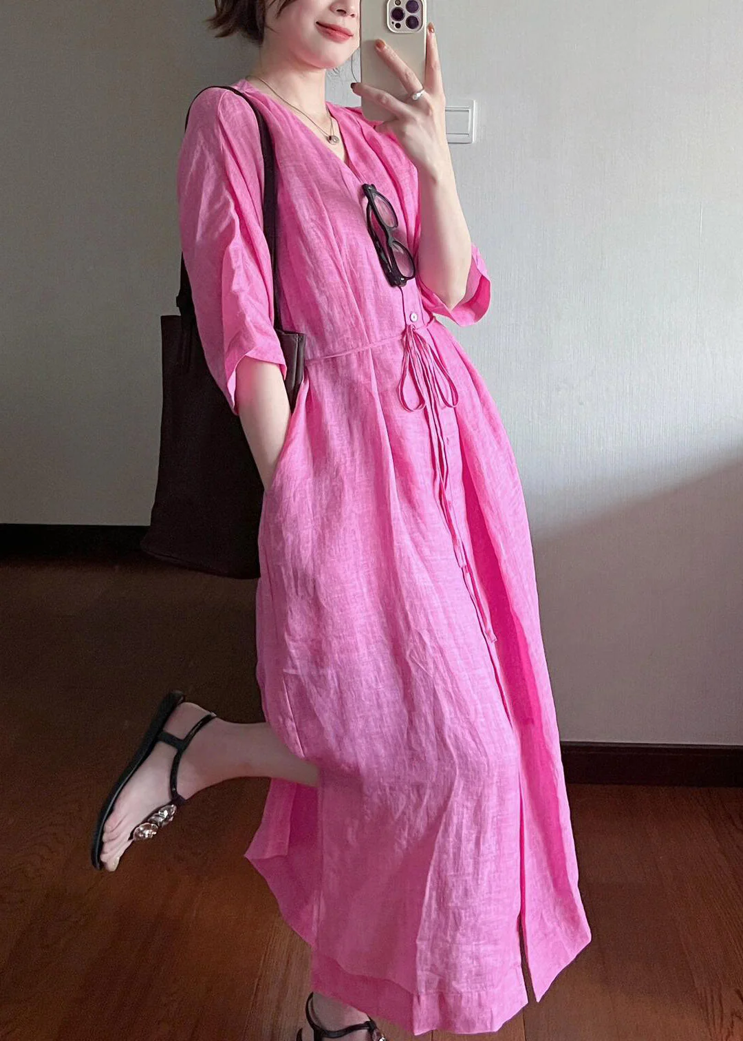 Loose Rose V Neck Button Cotton Long Dresses Summer - Image 4