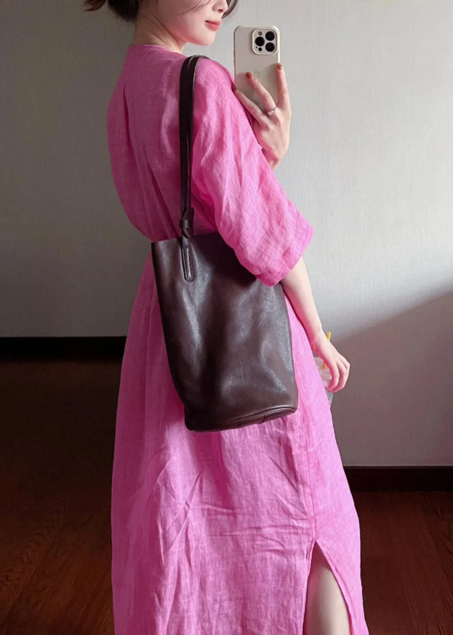 Loose Rose V Neck Button Cotton Long Dresses Summer - Image 5