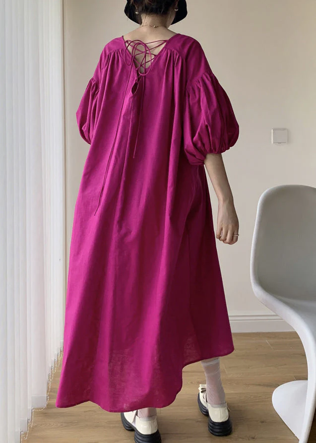 Loose Rose V Neck Wrinkled Patchwork Cotton Long Dresses Summer - Image 2