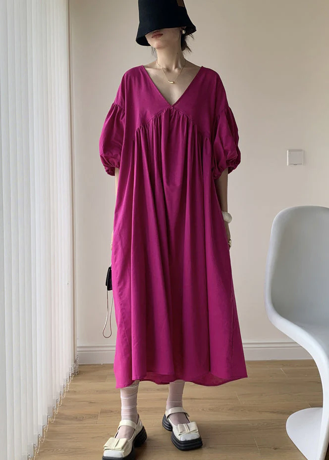 Loose Rose V Neck Wrinkled Patchwork Cotton Long Dresses Summer - Image 3