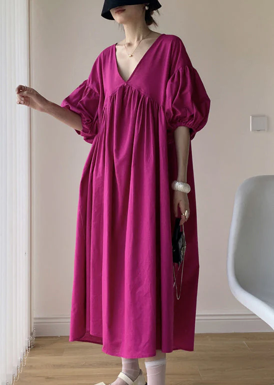 Loose Rose V Neck Wrinkled Patchwork Cotton Long Dresses Summer - Image 4