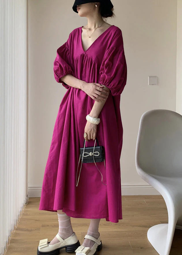 Loose Rose V Neck Wrinkled Patchwork Cotton Long Dresses Summer - Image 5