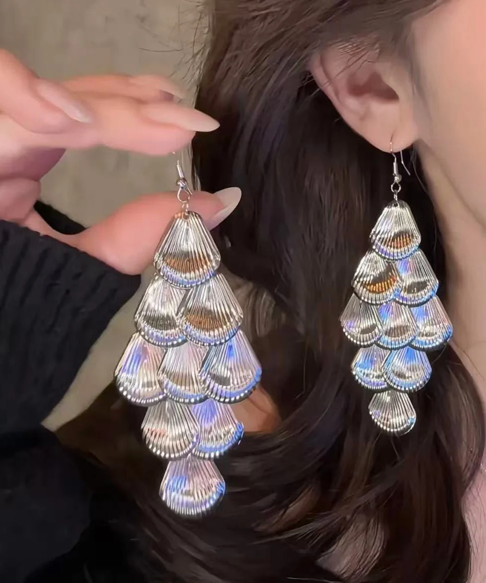 Loose Silk Metal Sequins Shell Tassel Drop Earrings - Image 5