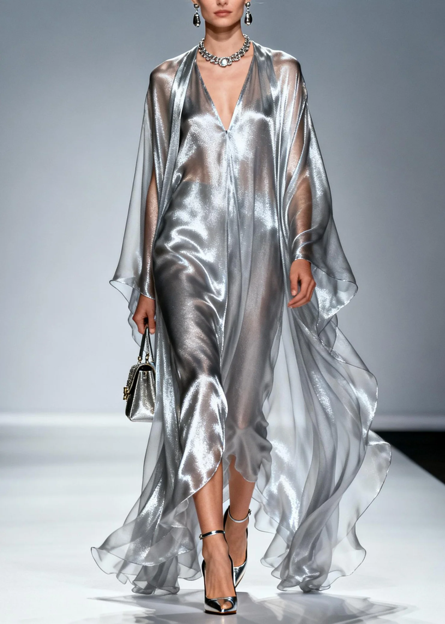 Loose Silver V Neck Asymmetrical Silk Robe Dresses Summer - Image 5